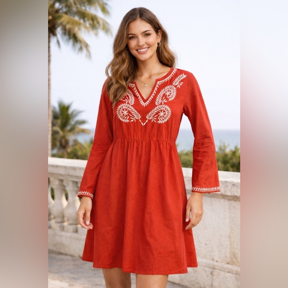 Earthbound Trading Co Red Embroidered Boho Tunic Dress Bell Sleeve 100% Cotton M